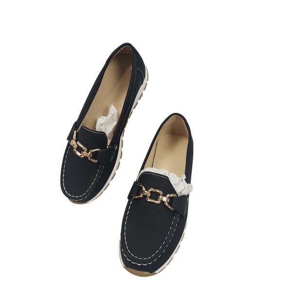 Black Loafers W/ Gold Buckle Accent Women Size 8 (EU41) Stylish Casual Comfort - Picture 4 of 11